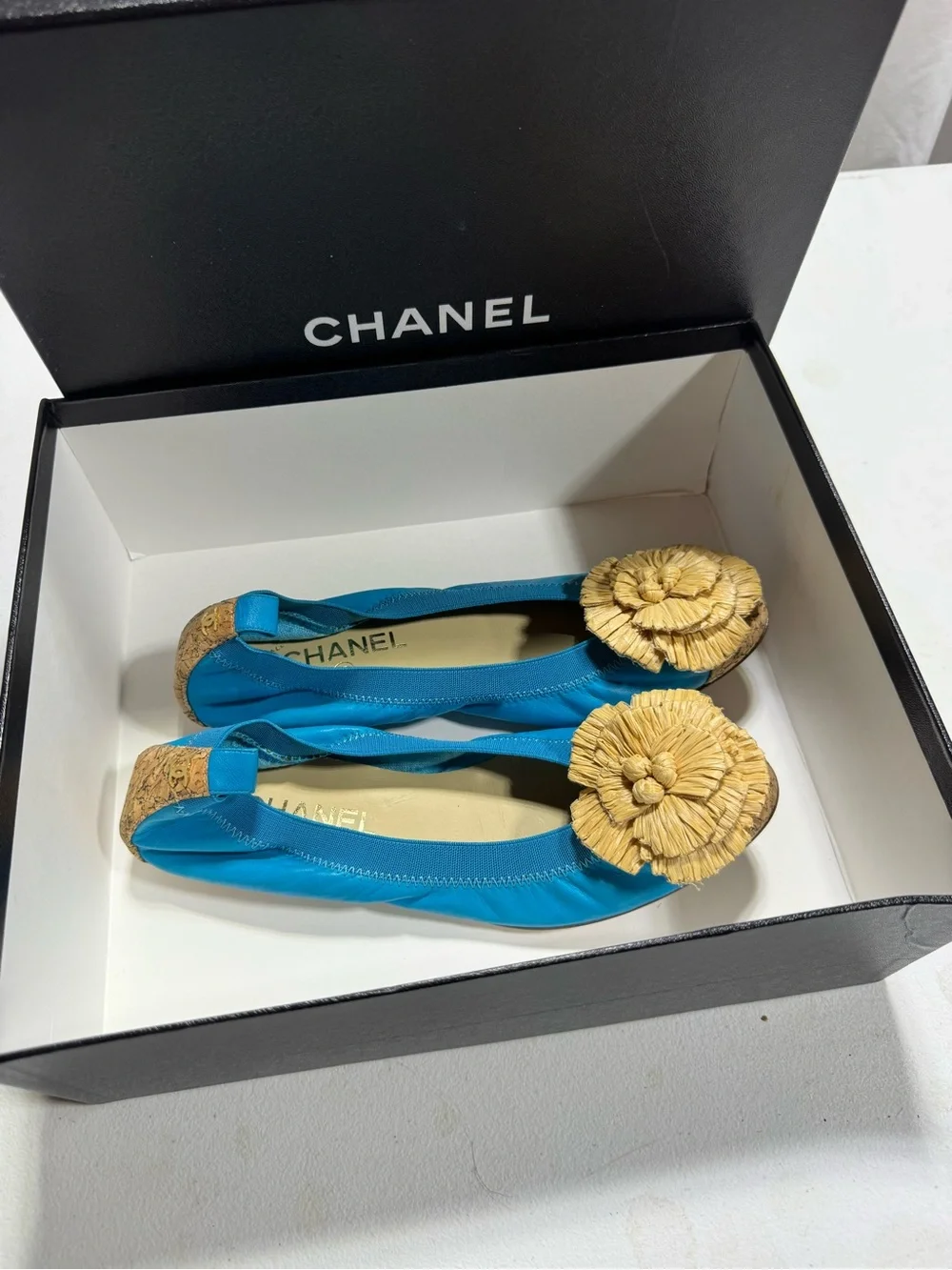 CHANEL Turquoise Ballet Flats with Raffia Flower